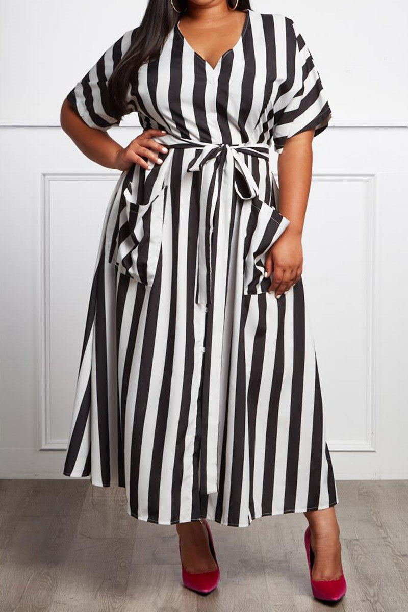 Miss Rivera Black & White Striped Fit & Flare Maxi