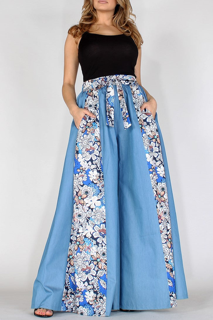 Roxanne’s All Mine Chambray Floral High Waisted Wide Leg Pants