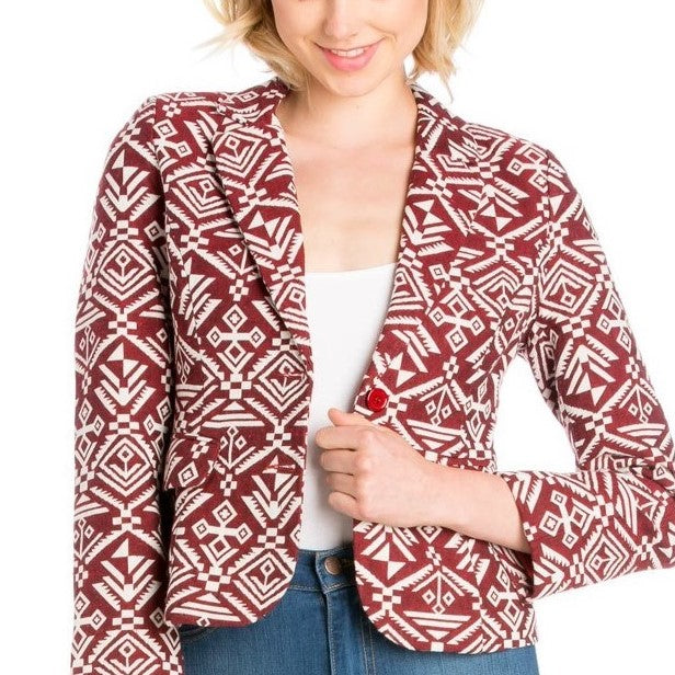 Ashlee Geometric Print Crop Blazer in Burgundy & Off-white