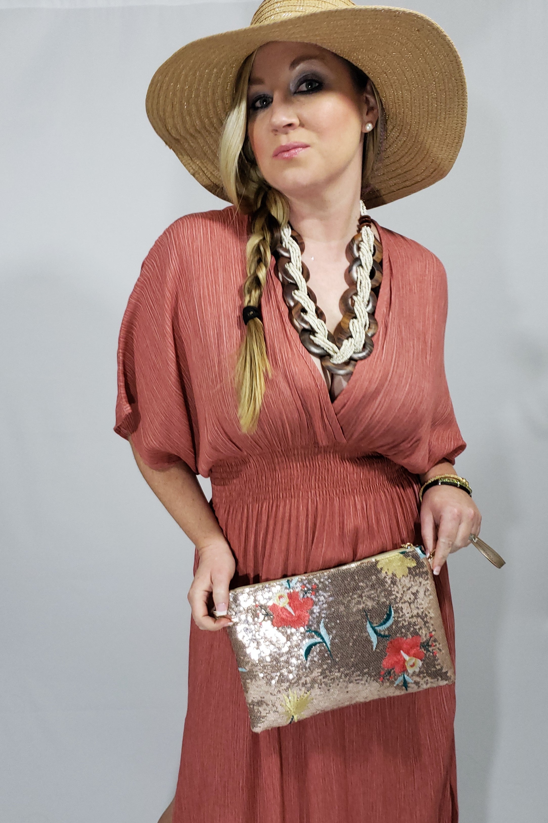 Uh Huh Honey Plunged V Neckline Maxi in Rust