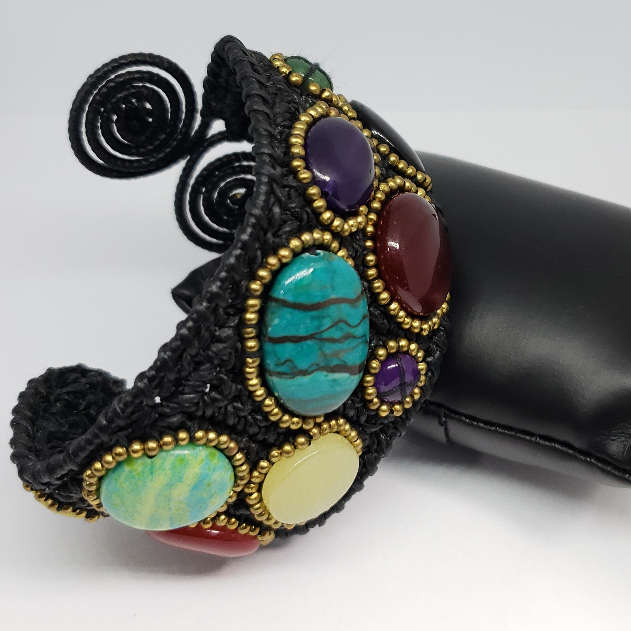 Multi Gemstone Macrame Cuff in Black