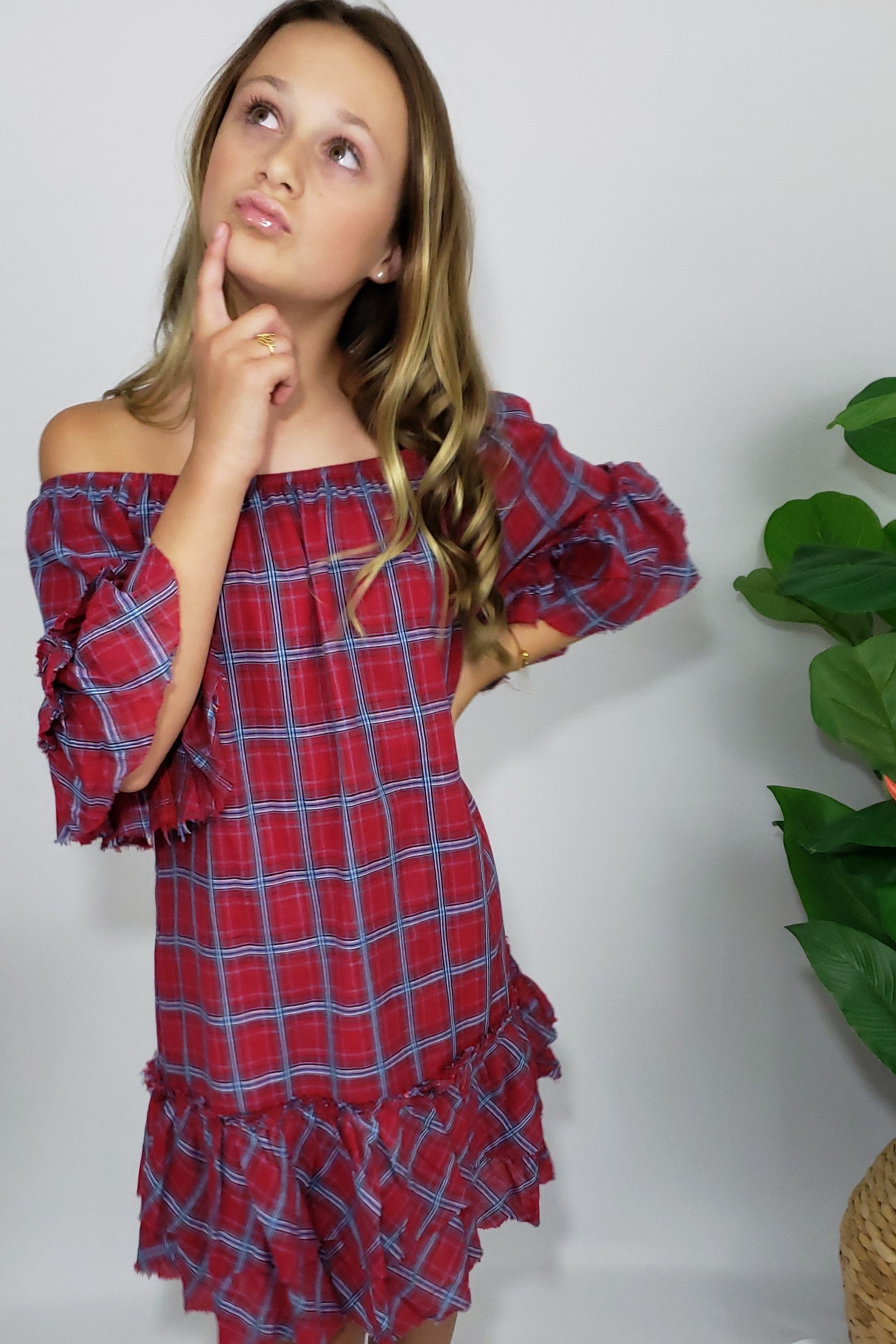 School’s Out Off the Shoulder Plaid Ruffle Dress