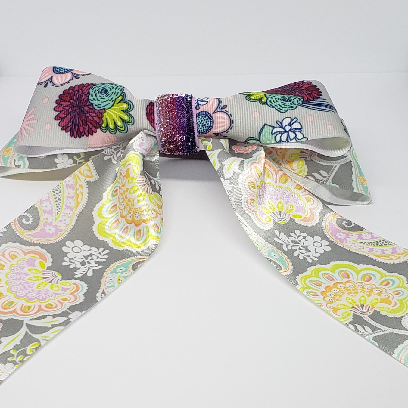 Sophia- Lynn Garden Paradise Grey & Purple Flower Multi Cheer Style Hair Bow