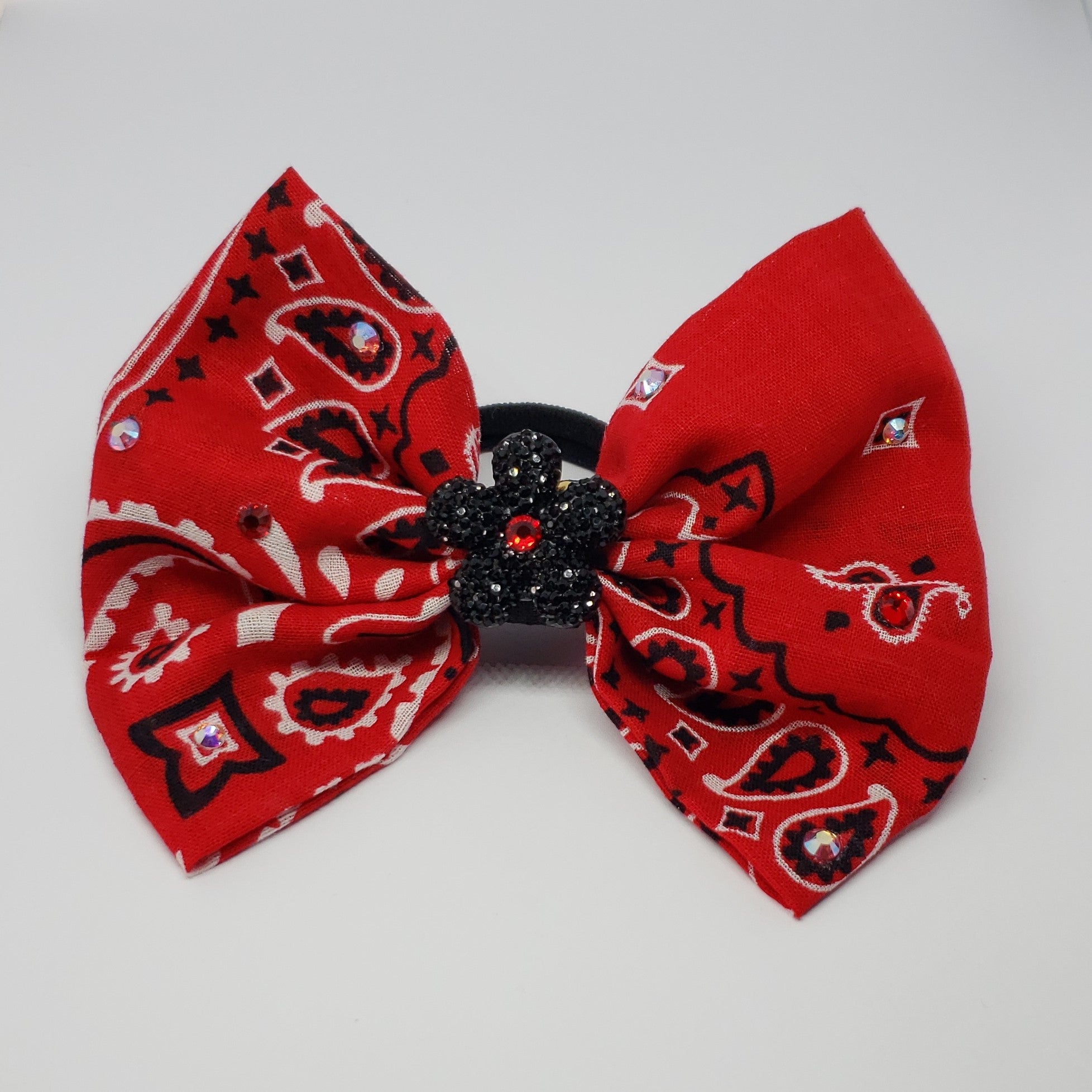 Erica Fancy Swarovski Bandanna Hair Bow in Red, Black & White