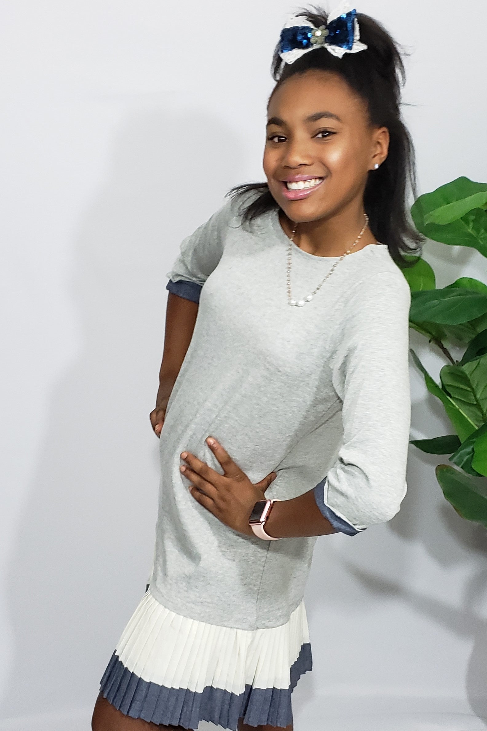 Londyn Tunic Dress in Heather Grey with Contrasting Navy & Off-White Pleats.