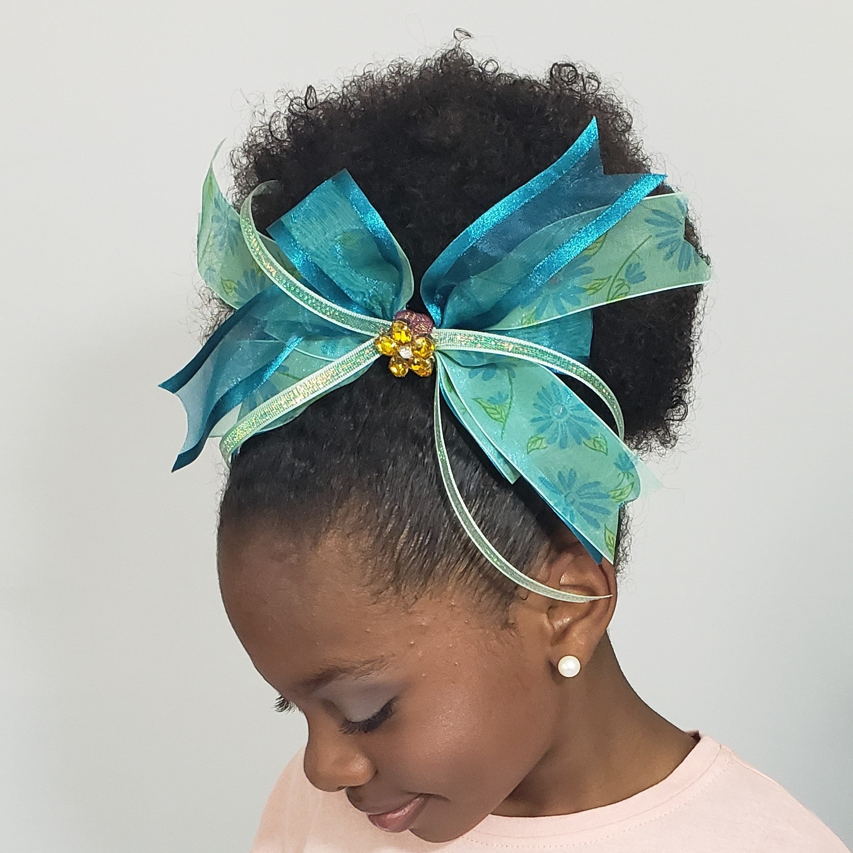 N-Zala Floral Mint & Teal Hair Bow with Sparkly Amber & White Flower Cluster