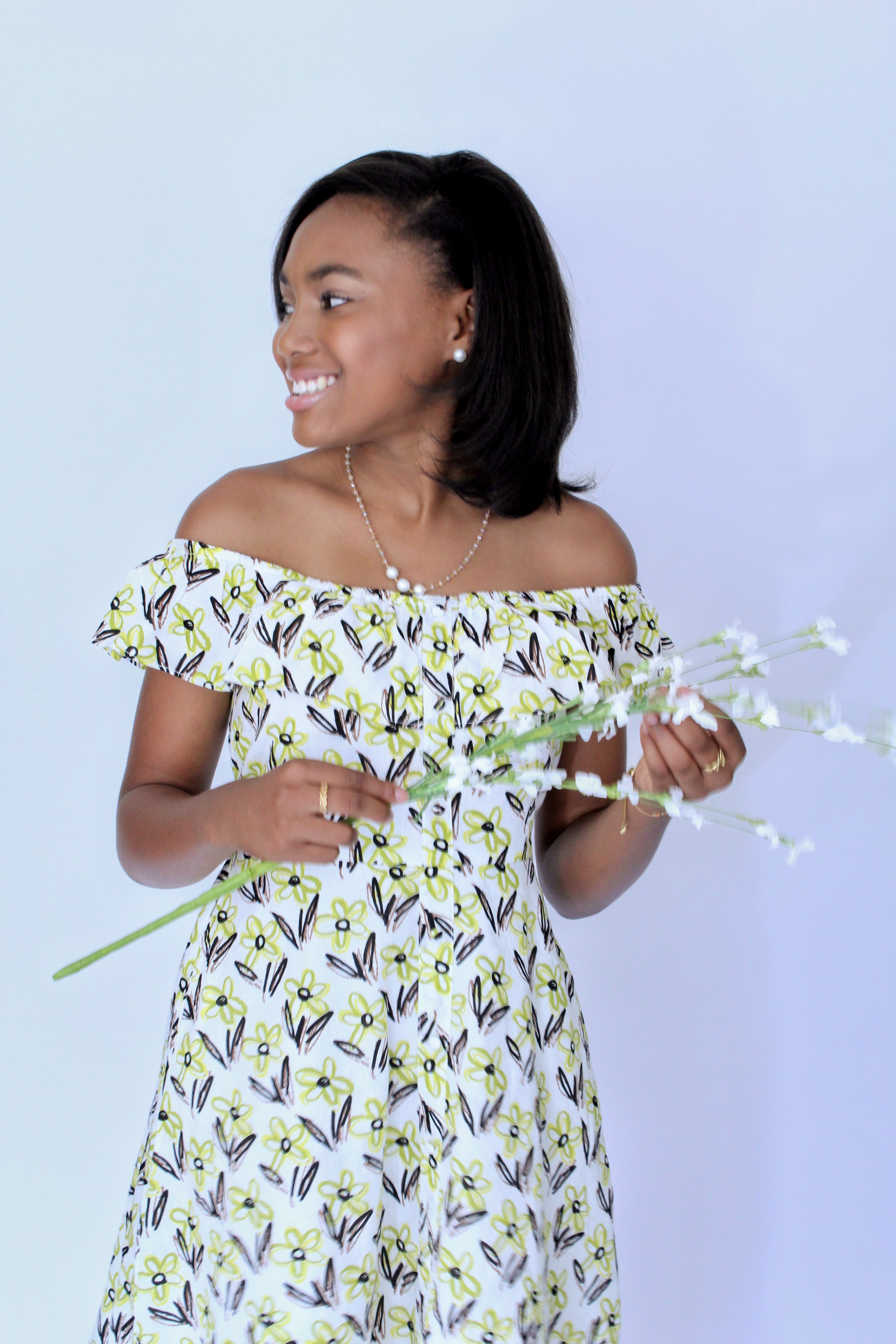 Miz Kelsea Baby Ruffled Floral Dress in Off- White & Lemon