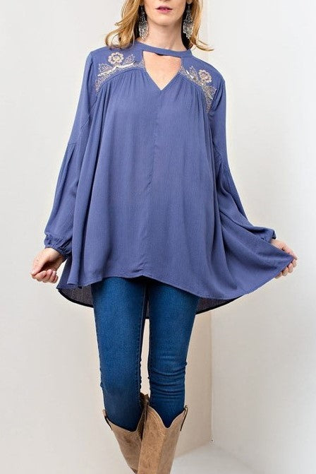 Lauren Choker-Neck Beaded Embroidered Swing Blouse in Slate Blue