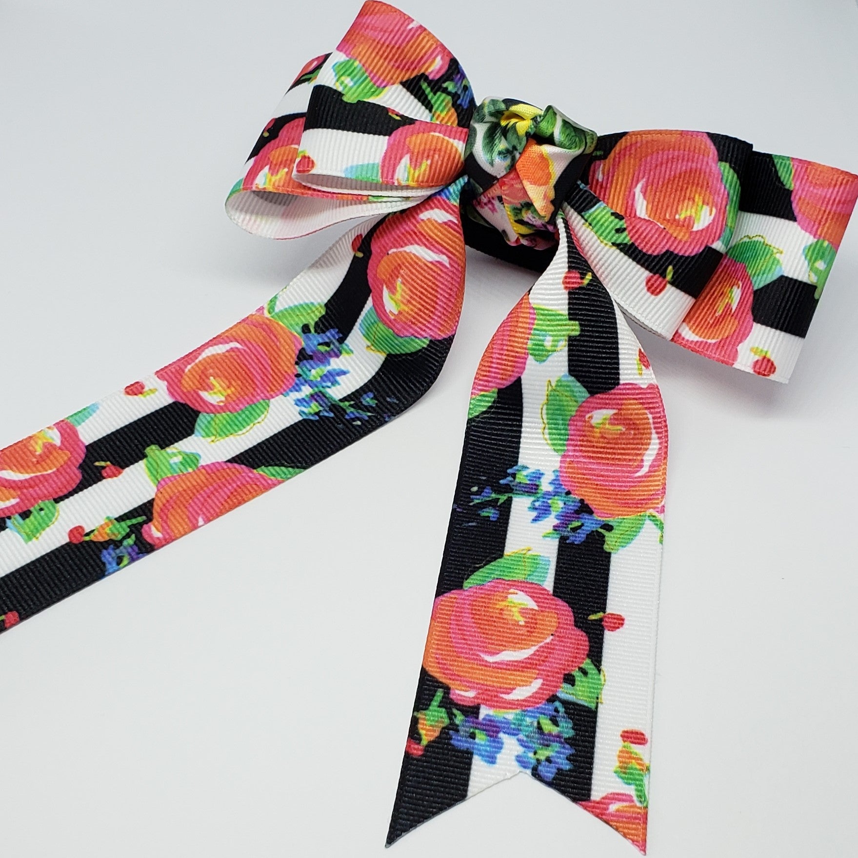 Mini Mariah Floral Cheer Style Hair Bows in B&W/Pink Multi