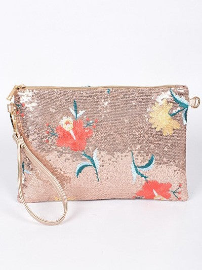 Isle of Spice Where Everything Nice Large Sequin Floral Clutch in Rose Gold