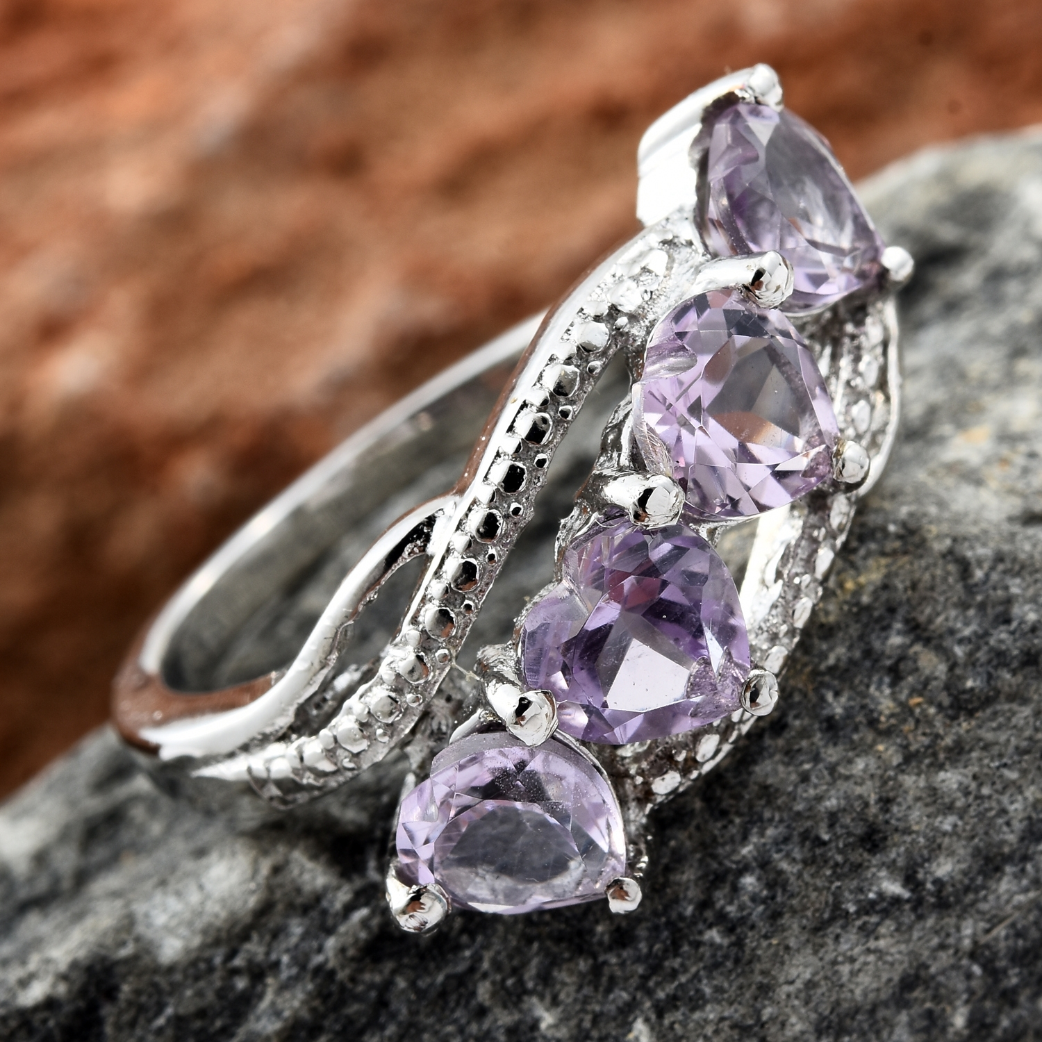 Rose De France Amethyst Stainless Steel 4 Heart Ring TGW 2.80 cts.
