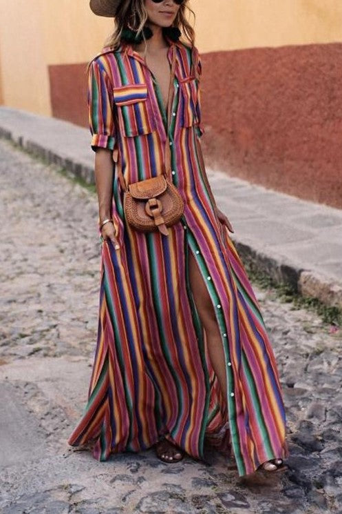 Sabrina Rainbow Print Button Down Maxi Dress