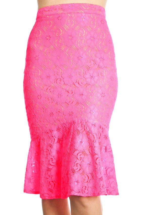 Margo Seriously Pink Floral Lace Pencil Skirt with a Ruffled Hem - Houzz of DVA Boutique