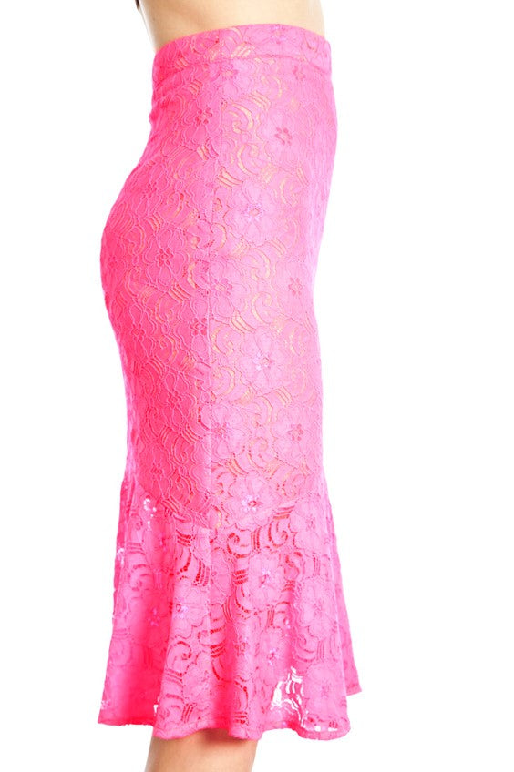 Margo Seriously Pink Floral Lace Pencil Skirt with a Ruffled Hem - Houzz of DVA Boutique