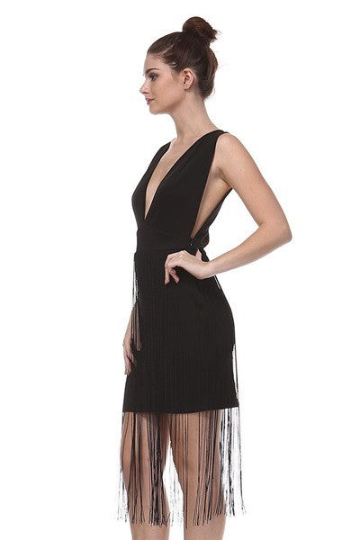 D-Great Gatsby Plundge V Neckline Frindge Cocktail Dress in Black - Houzz of DVA Boutique