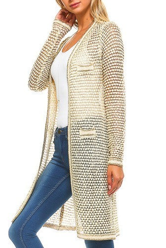 Mallory Metallic Long Body Cardigan in Ivory & Gold - Houzz of DVA Boutique