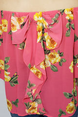 Lila Chiffon Floral Print Off the Shoulder Blouse in Coral and Yellow - Houzz of DVA Boutique