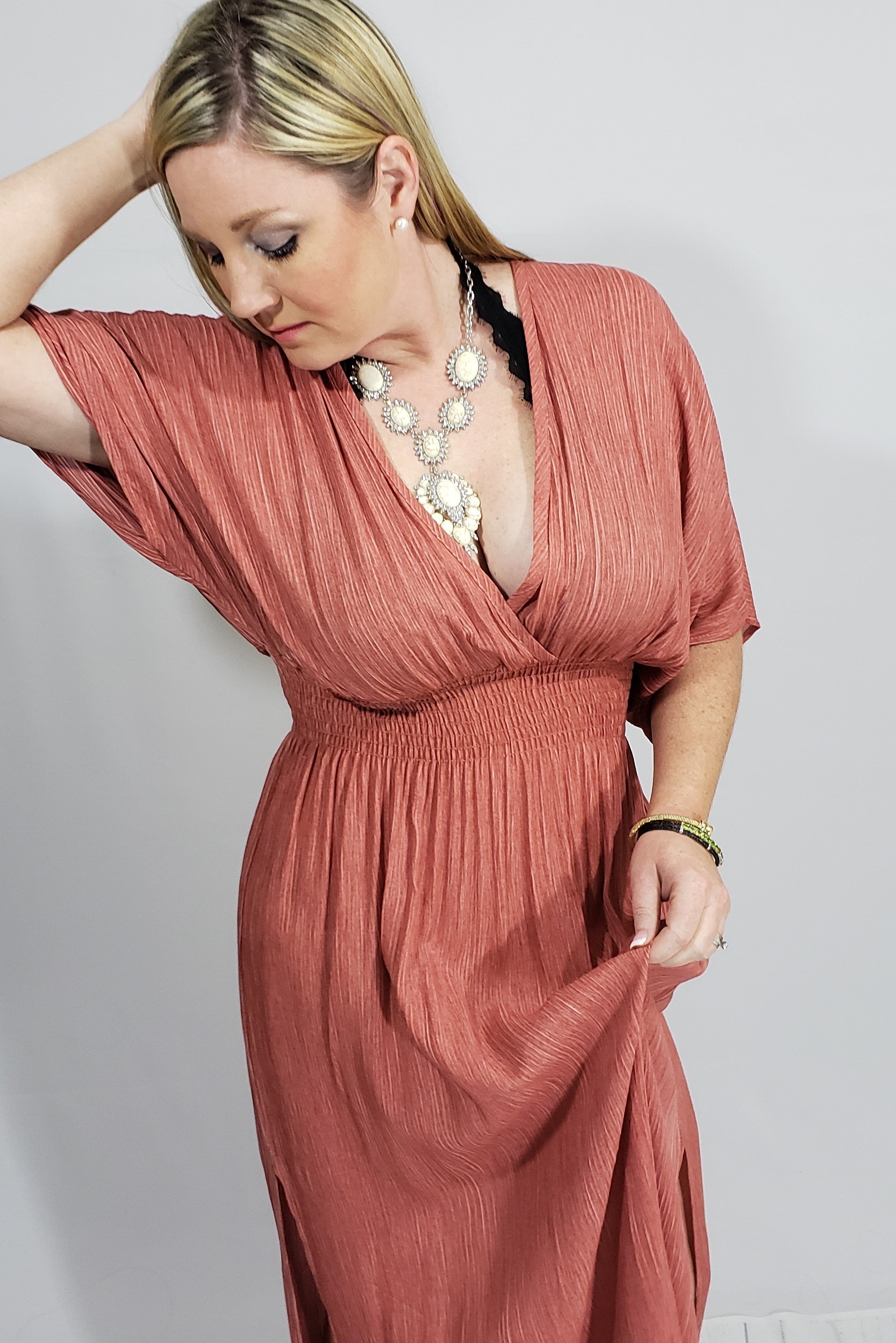 Uh Huh Honey Plunged V Neckline Maxi in Rust - Houzz of DVA Boutique
