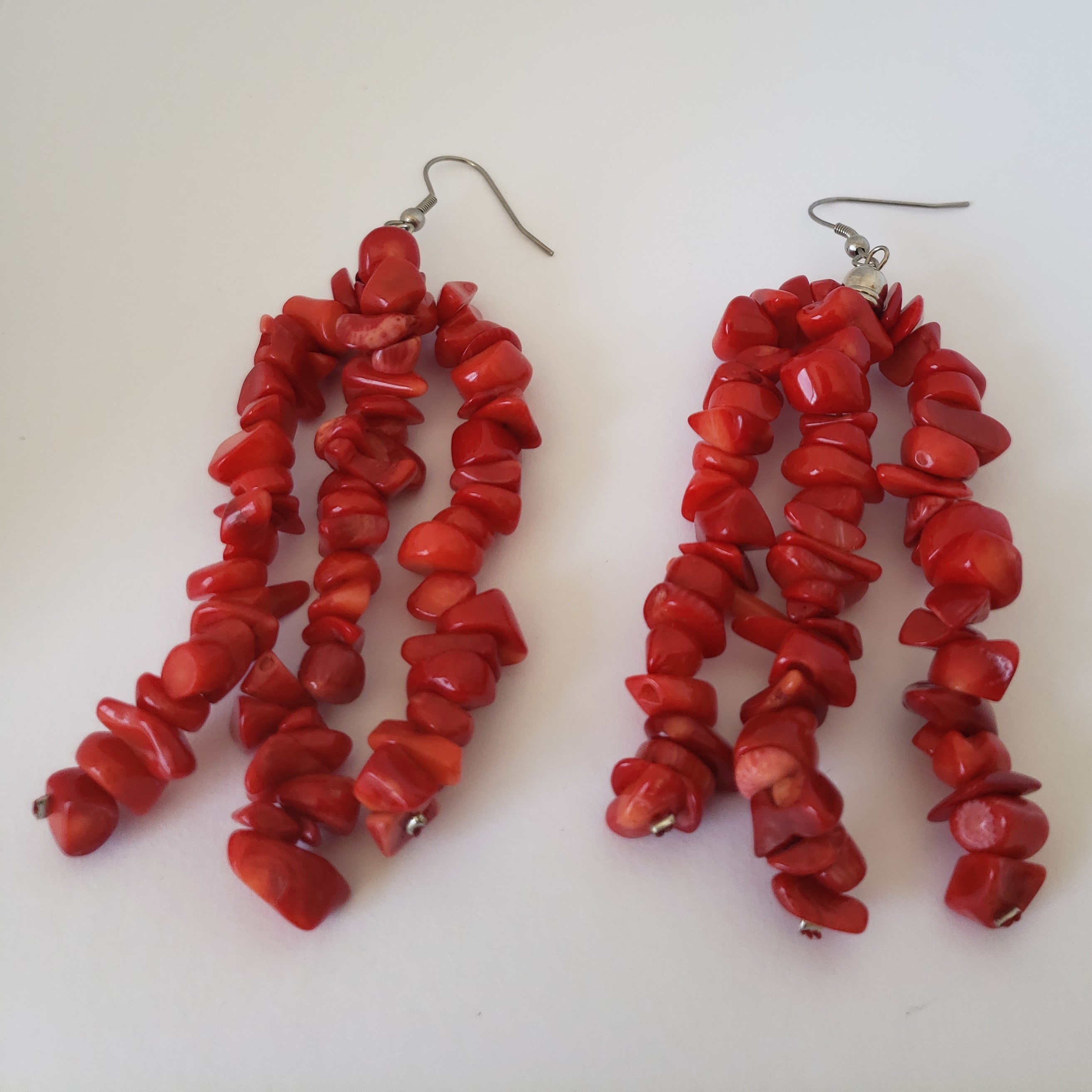 Polished Red Coral Chip Beads Triple Strand Earrings in Stainless Steel - Houzz of DVA Boutique
