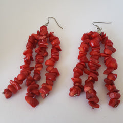 Polished Red Coral Chip Beads Triple Strand Earrings in Stainless Steel - Houzz of DVA Boutique
