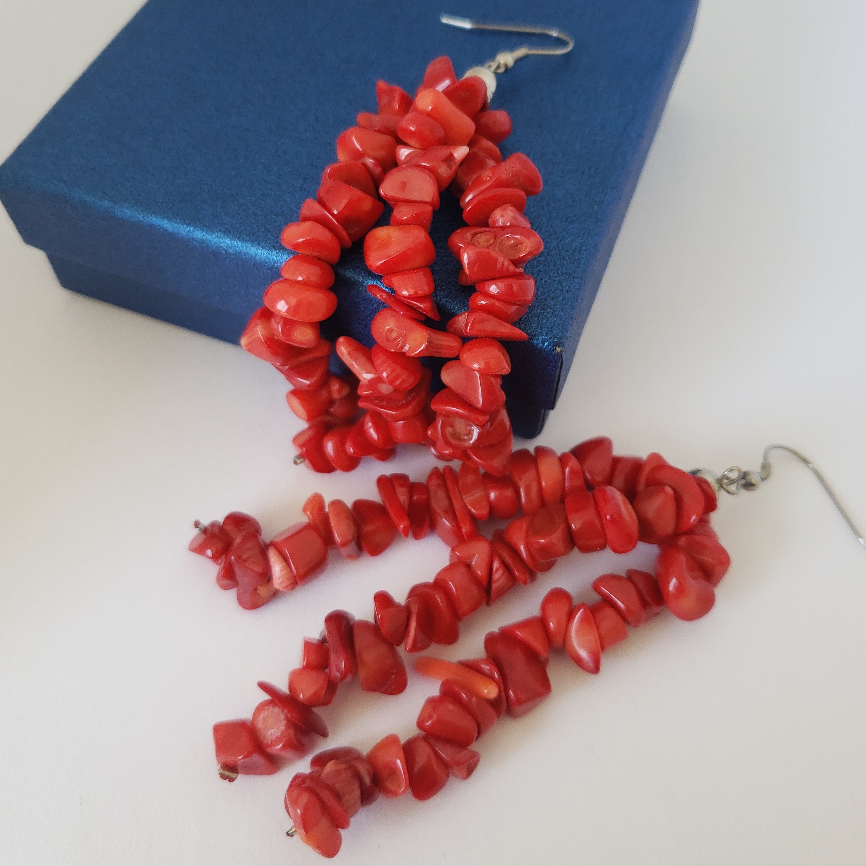 Polished Red Coral Chip Beads Triple Strand Earrings in Stainless Steel - Houzz of DVA Boutique
