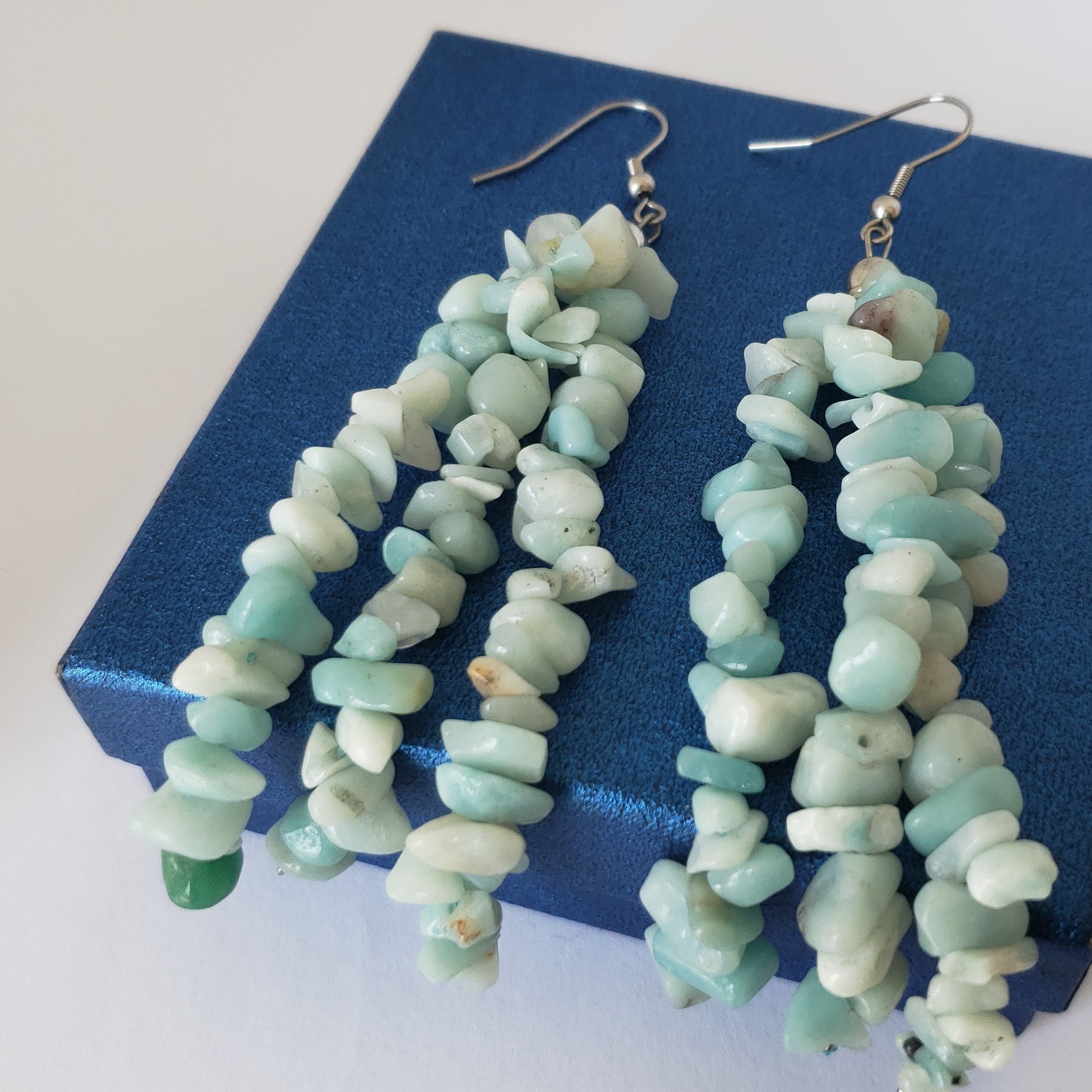 Russian Amazonite Polished Chip Beads Triple Strand Earrings in Stainless Steel - Houzz of DVA Boutique