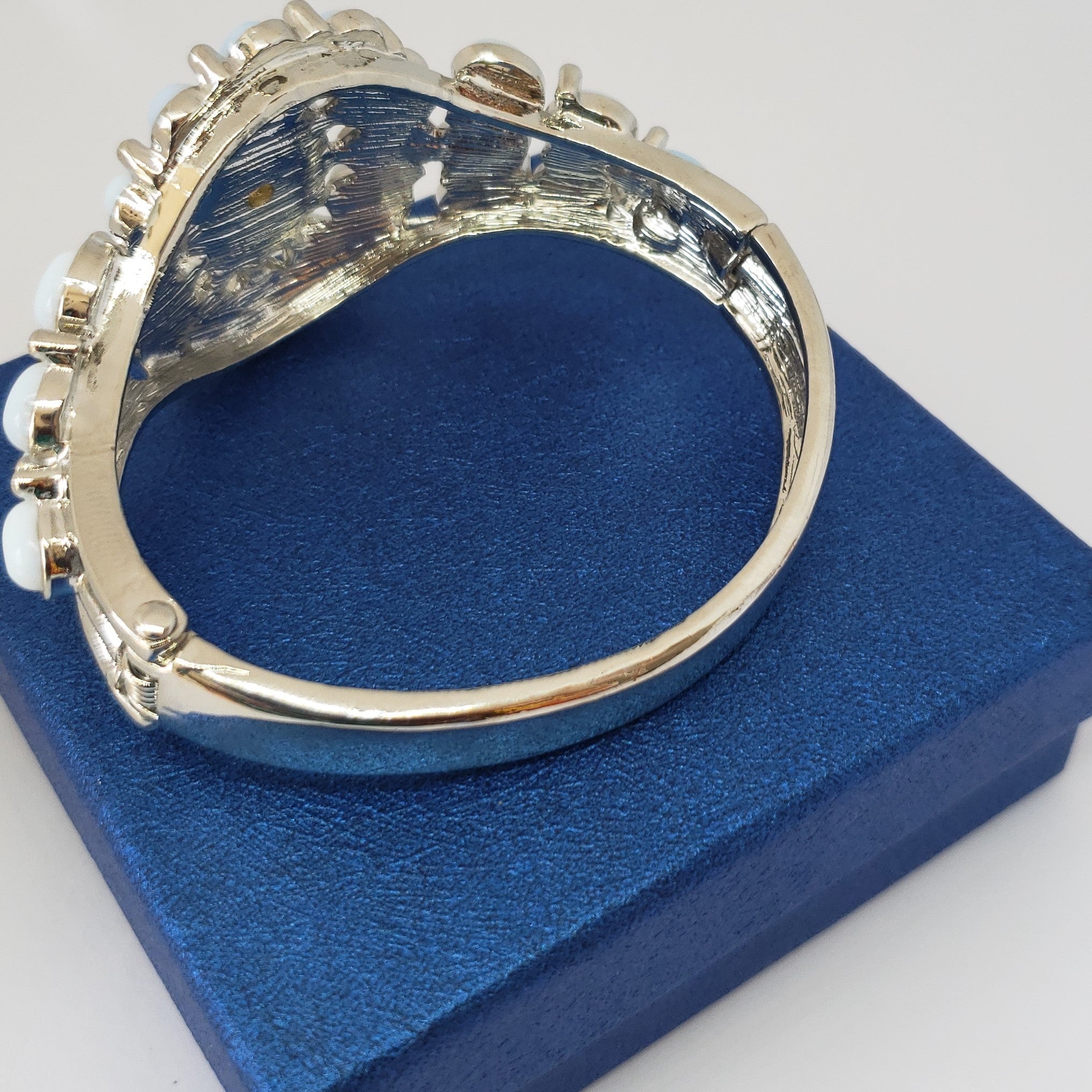 Delightful Opalite Silvertone Hinged Bangle (7 in) TGW 65.00 cts. - Houzz of DVA Boutique