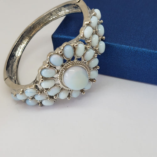 Delightful Opalite Silvertone Hinged Bangle (7 in) TGW 65.00 cts. - Houzz of DVA Boutique