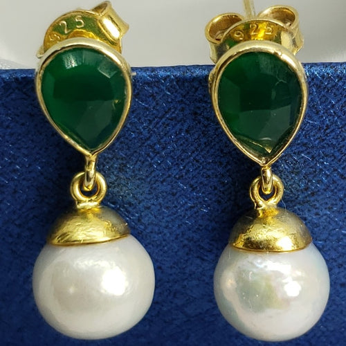 Exquisite Freshwater Pearl & Green Onyx 14K YG Over Sterling Silver Earrings TGW 0.50 cts. - Houzz of DVA Boutique