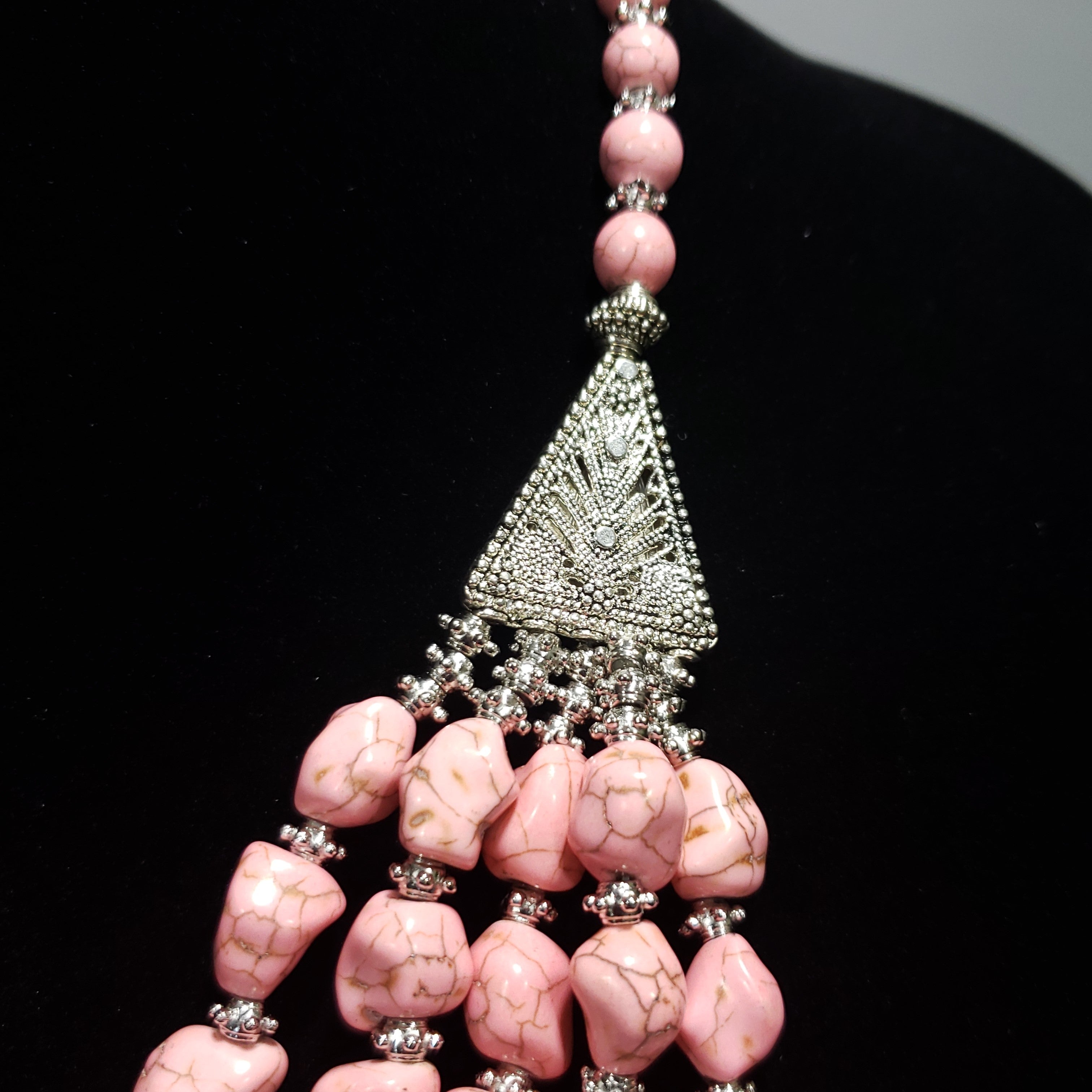 Pink Howlite Triple Row Drape Necklace in Silvertone (20.00 In) TGW 1004.00 cts. - Houzz of DVA Boutique