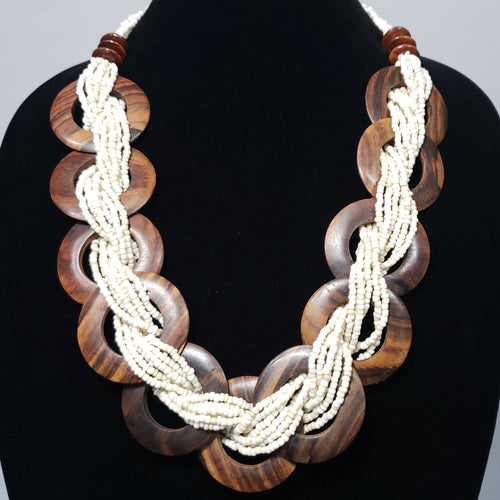 Braided Wooden Seed Bead Necklace in Cream and Chocolate Brown (20.00 In) - Houzz of DVA Boutique