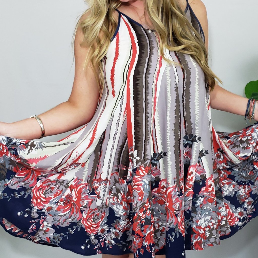 Janelle’s Floral Parade Swing Summer Dress in Red, White, Blue & Mauve - Houzz of DVA Boutique