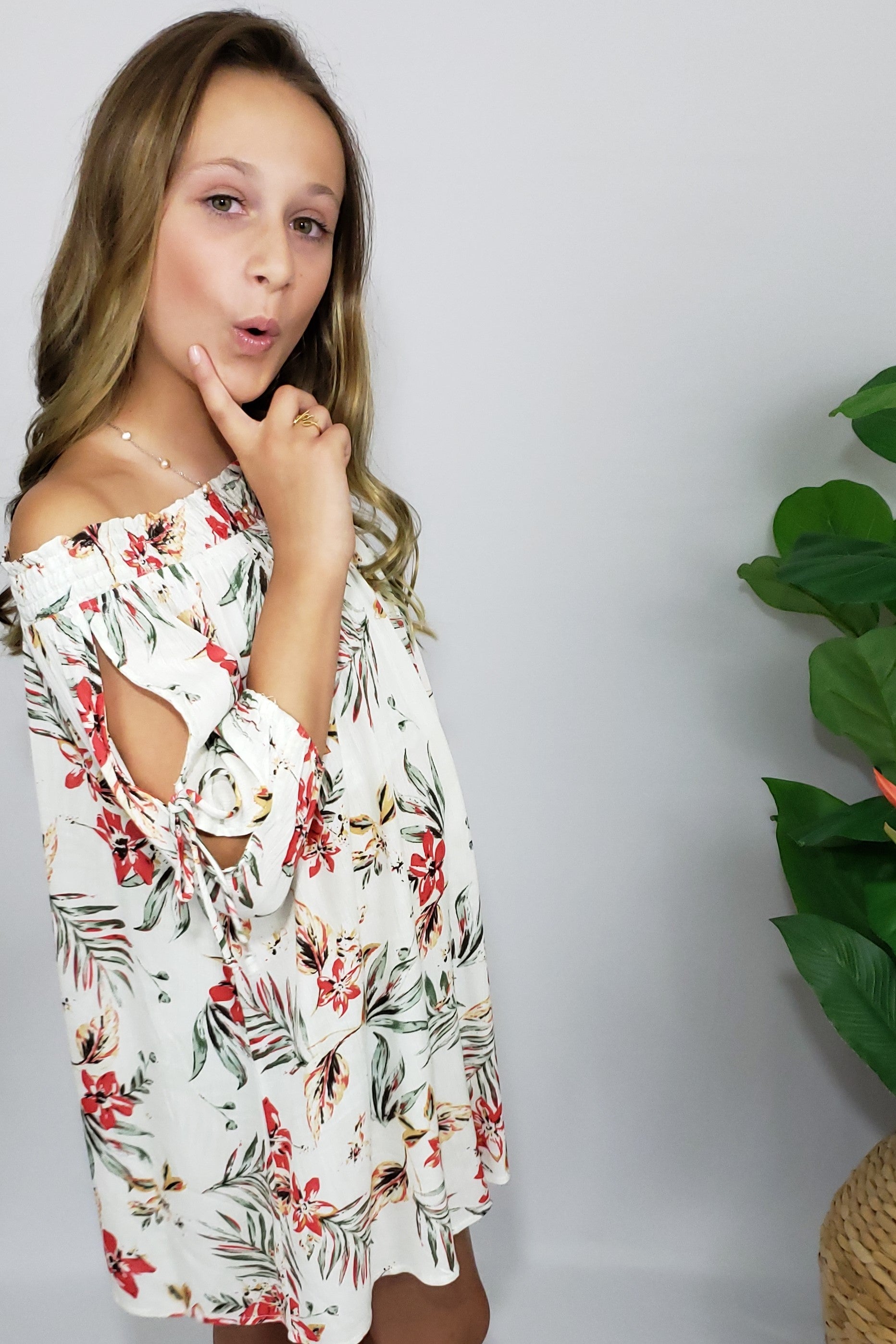 Kamryn Tropical Paradise Ivory Off-The Shoulder Dress - Houzz of DVA Boutique