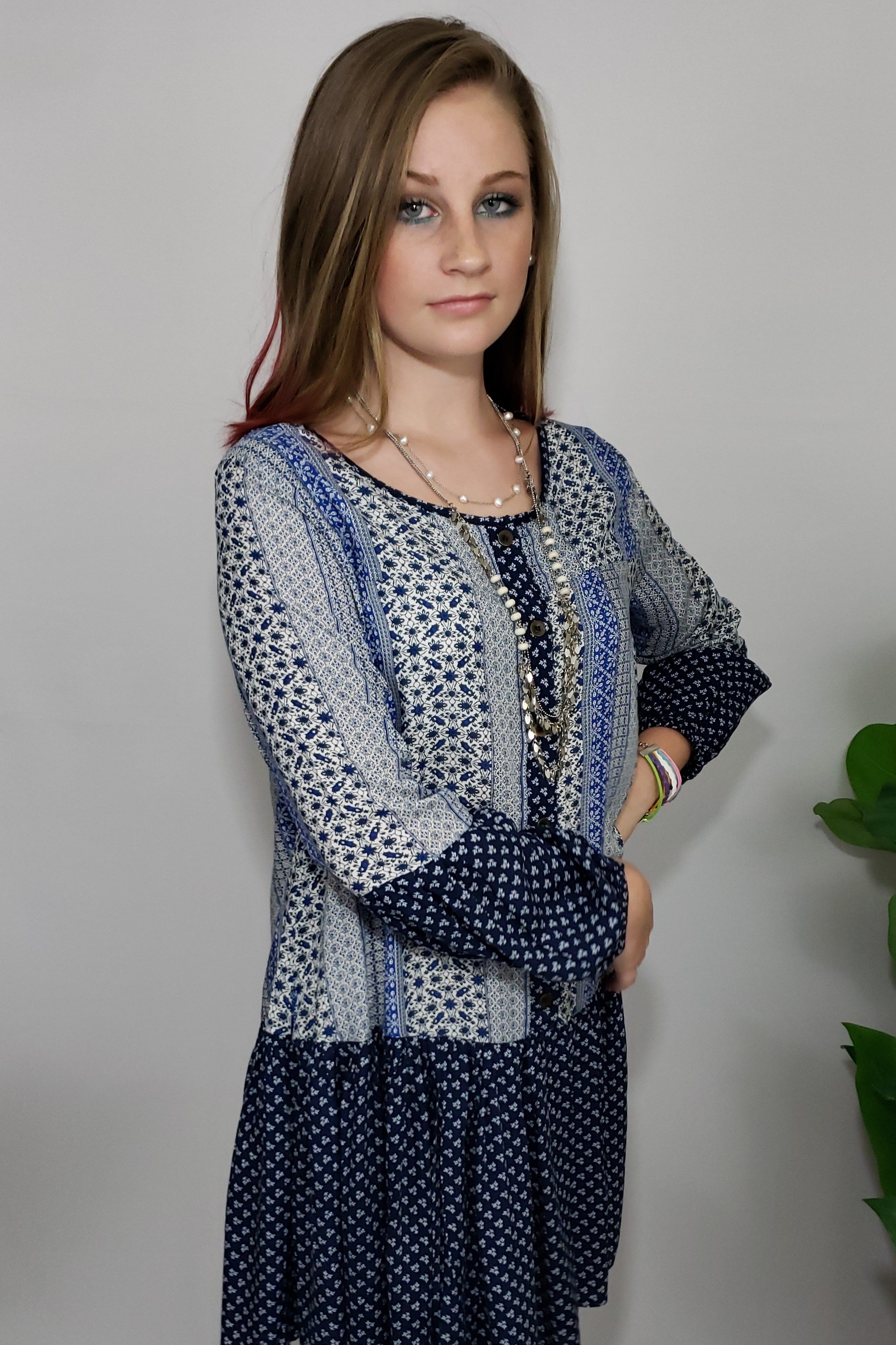 Mally Shades of Blooz Ruffle Button Down Contrast Tunic Dress - Houzz of DVA Boutique
