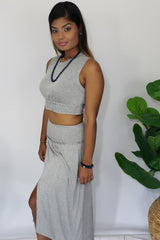 Phyona Smocked Band Skirt and Crop Top Set in Heather Gray - Houzz of DVA Boutique