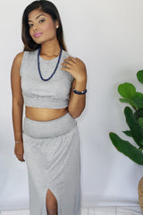 Phyona Smocked Band Skirt and Crop Top Set in Heather Gray - Houzz of DVA Boutique