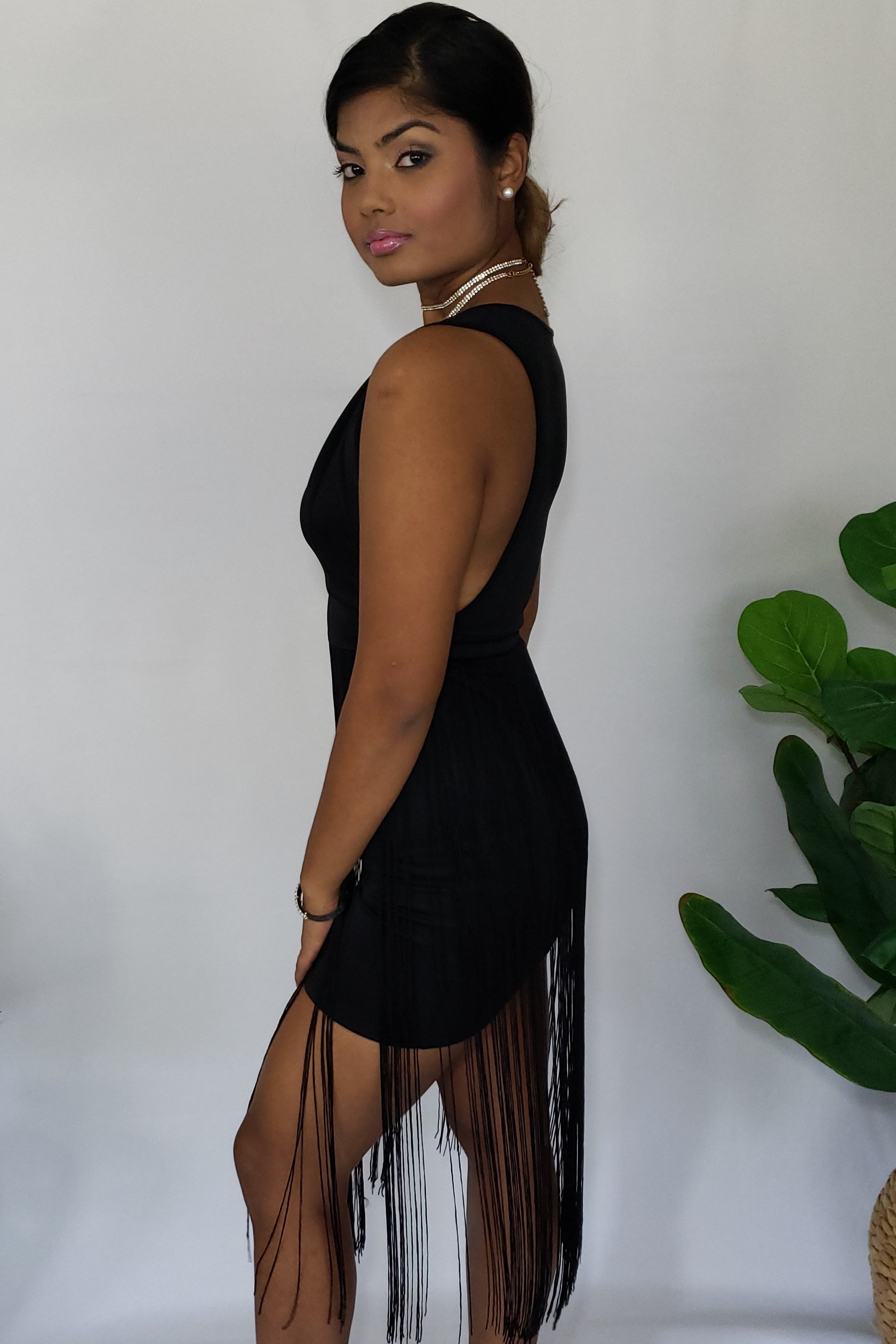 D-Great Gatsby Plundge V Neckline Frindge Cocktail Dress in Black - Houzz of DVA Boutique