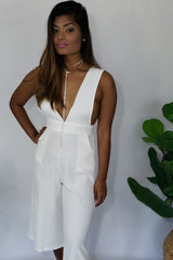 Prissy Priscilla Gaucho Open Back Sleeveless V Neck Jumpsuit in Off-White - Houzz of DVA Boutique