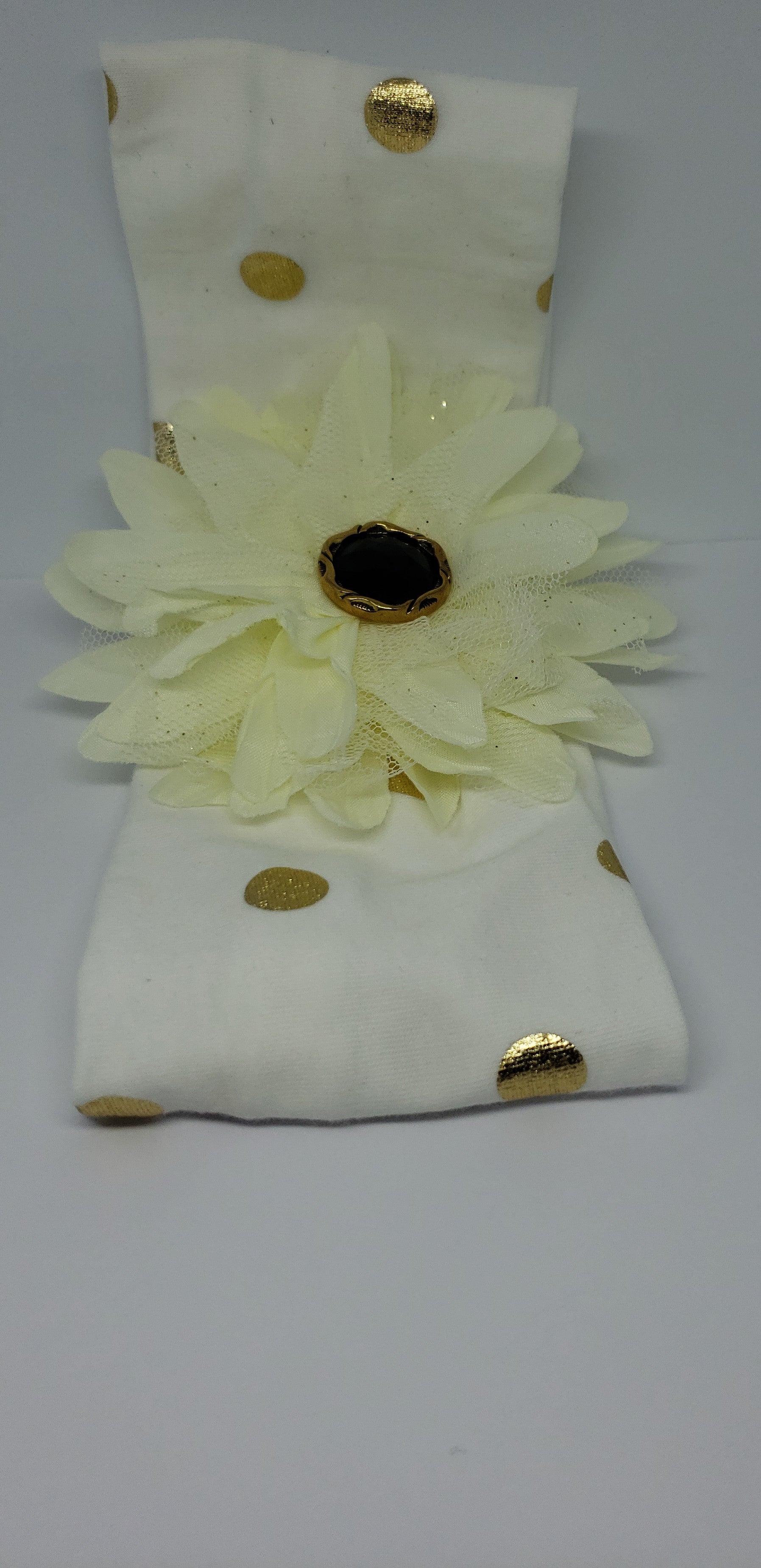 Mila Flower Power Stretch Headband in Off-White & Gold Foil Dots - Houzz of DVA Boutique