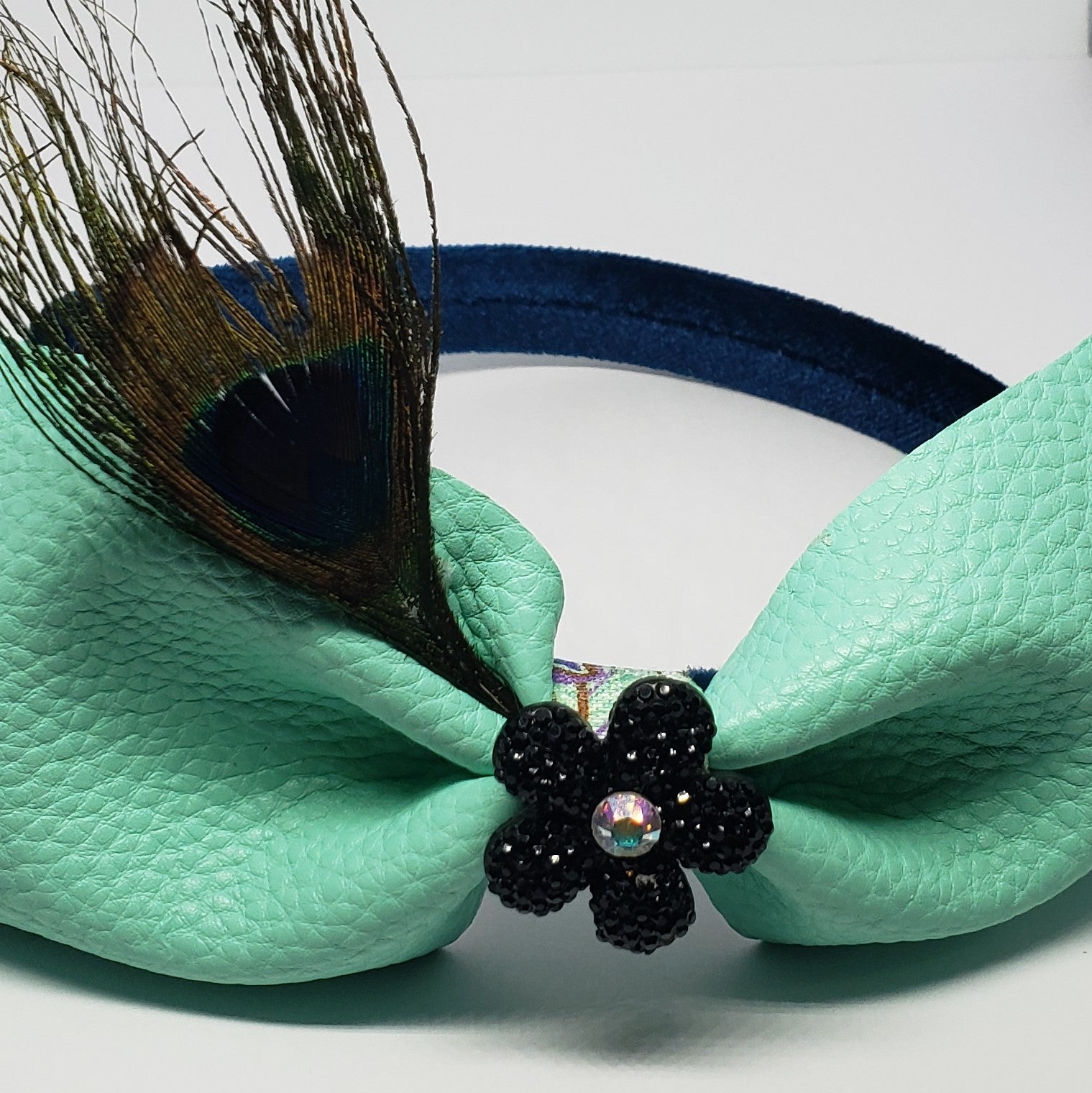 N-Zala Teal Velvet Headband with Mint Faux Leather & Swarovski Peacock Feather Bow - Houzz of DVA Boutique