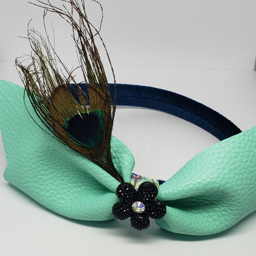 N-Zala Teal Velvet Headband with Mint Faux Leather & Swarovski Peacock Feather Bow - Houzz of DVA Boutique