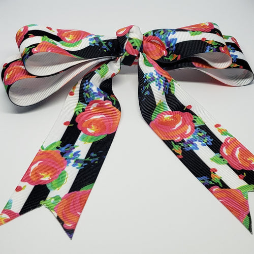 Mariah Floral Cheer Style Hair Bow in B&W/Pink Multi - Houzz of DVA Boutique