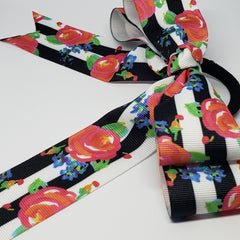Mariah Floral Cheer Style Hair Bow in B&W/Pink Multi - Houzz of DVA Boutique