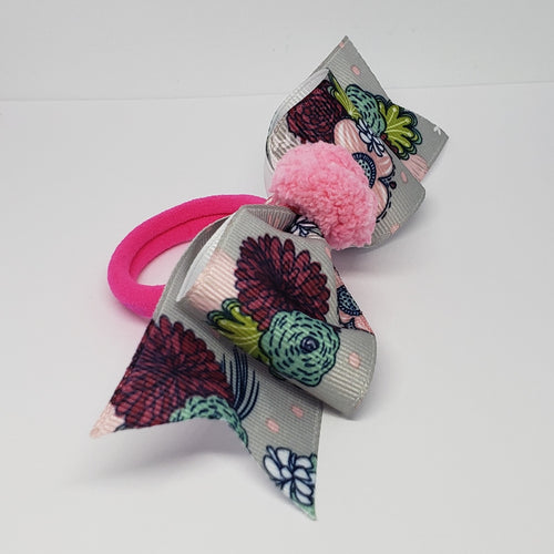 Sarai Fuchsia Pink Pompom & Grey Multi Floral Bow - Houzz of DVA Boutique