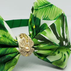 N-Zala Island Vibe Green with Freshwater Pearl, Braided Gold Leather & Gold Studs Headband - Houzz of DVA Boutique