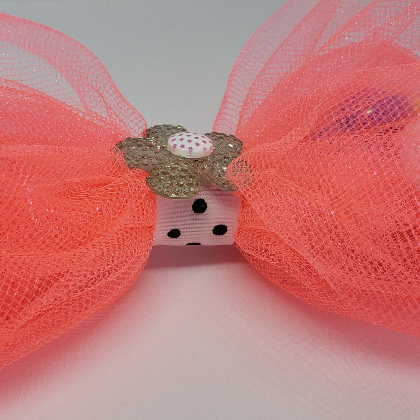 N-Zala Pompom Paradise Bow in Bright Coral Tulle & White Polka Dot Ribbon Detail - Houzz of DVA Boutique