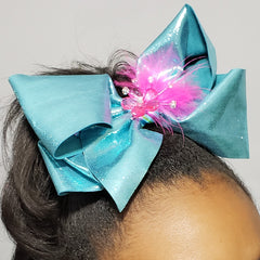 Zyilaya Glitzy Feathers & Flowers Bow in Turquoise & Fuchsia - Houzz of DVA Boutique