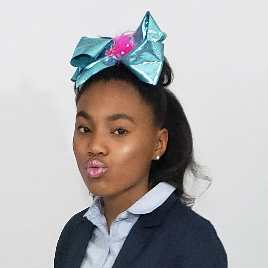 Zyilaya Glitzy Feathers & Flowers Bow in Turquoise & Fuchsia - Houzz of DVA Boutique