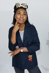 She’s Royal in Navi Preppy Lightweight Blazer with Fancy Patchwork - Houzz of DVA Boutique