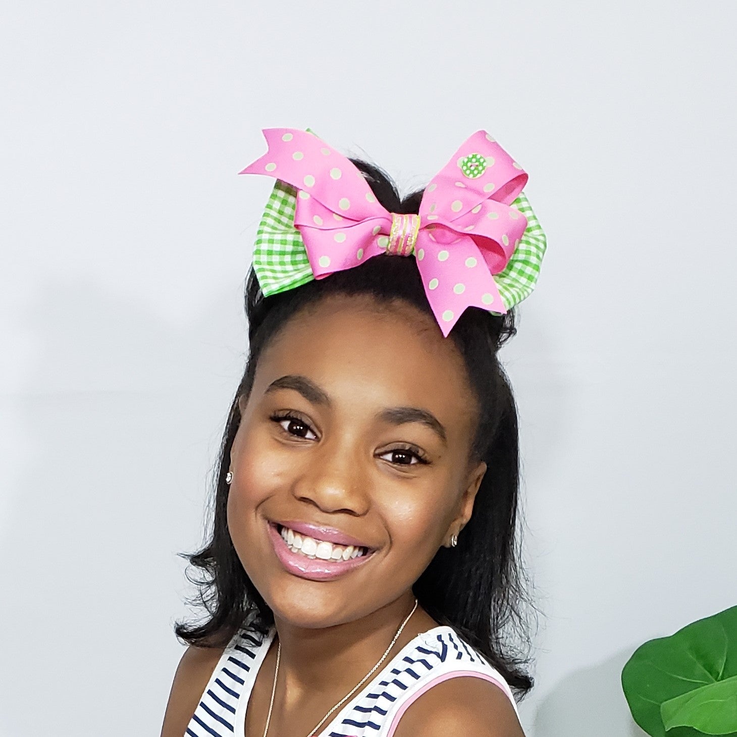 Danielle Gingham & Dots Pink, Green & White Bow - Houzz of DVA Boutique